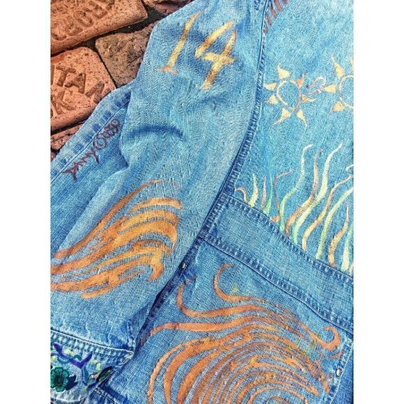 Vintage faded denim, hip-length jean jacket with hand painted and fabric images - Picture 8 of 11